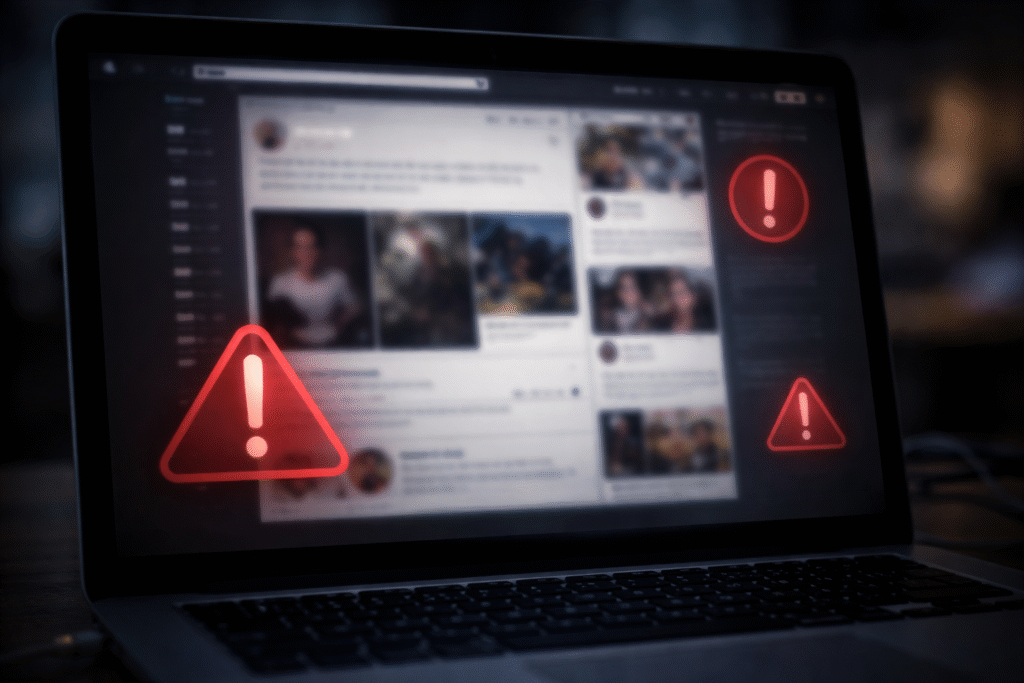 Dark computer screen showing a blurred social media interface with warning icons, symbolizing online safety concerns and platform controversy.