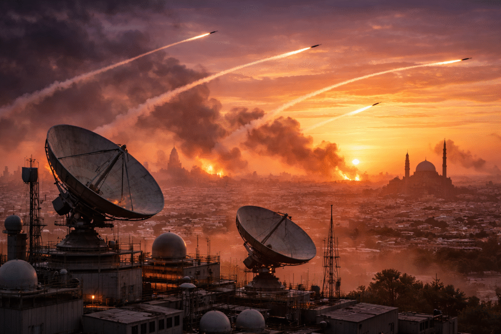 A Middle East urban skyline at sunset with radar sites and missile trails in the sky, with smoke plumes from intercepted attacks on the horizon, representing regional military tensions.