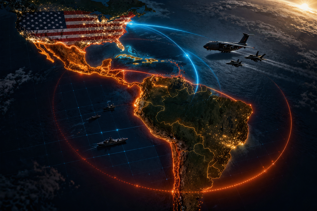 Map of the Western Hemisphere with emphasis on Latin America, symbolizing shifting geopolitical influence and strategic U.S. presence.