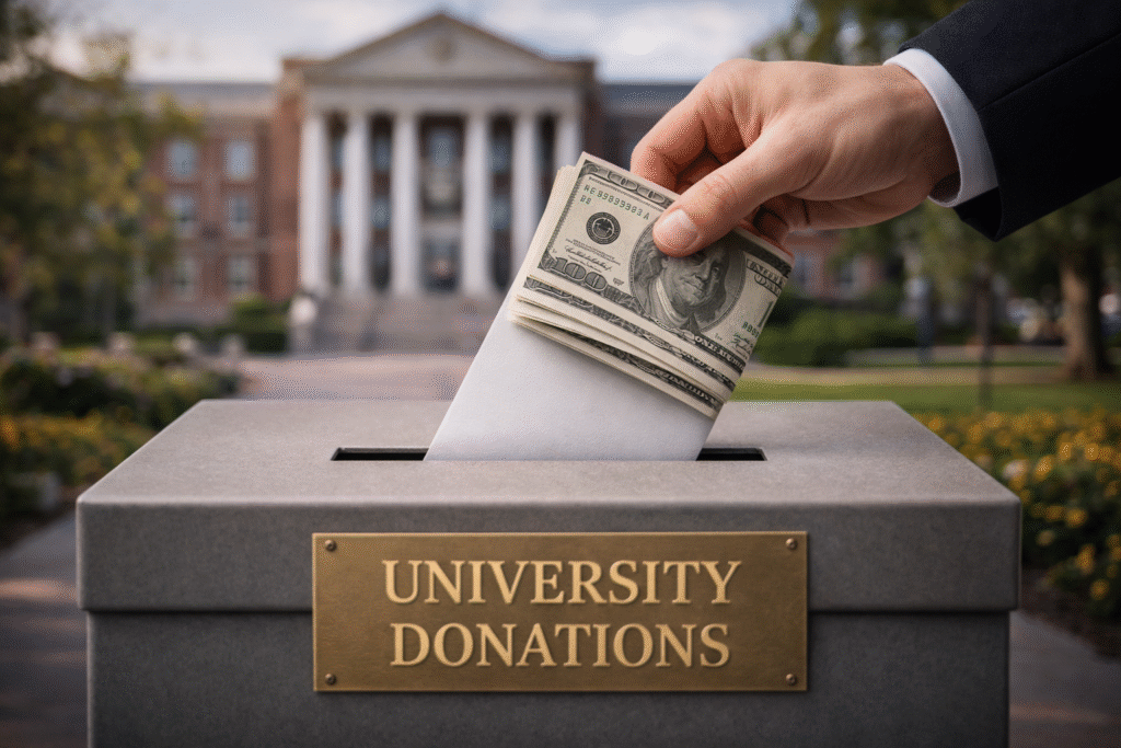 Symbolic image of a hand placing money into a donation box with a university campus in the background, representing donor influence in higher education.
