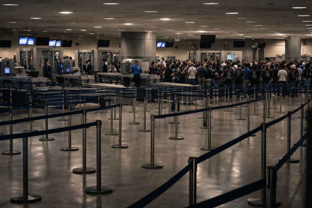Airport security checkpoint with limited staff and long lines as TSA shortages disrupt operations during a government shutdown.