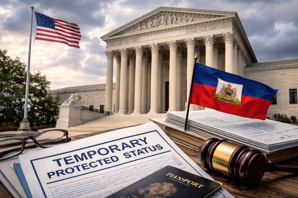Realistic photo illustrating the U.S. Supreme Court and the immigration debate surrounding Temporary Protected Status for Haitian migrants.