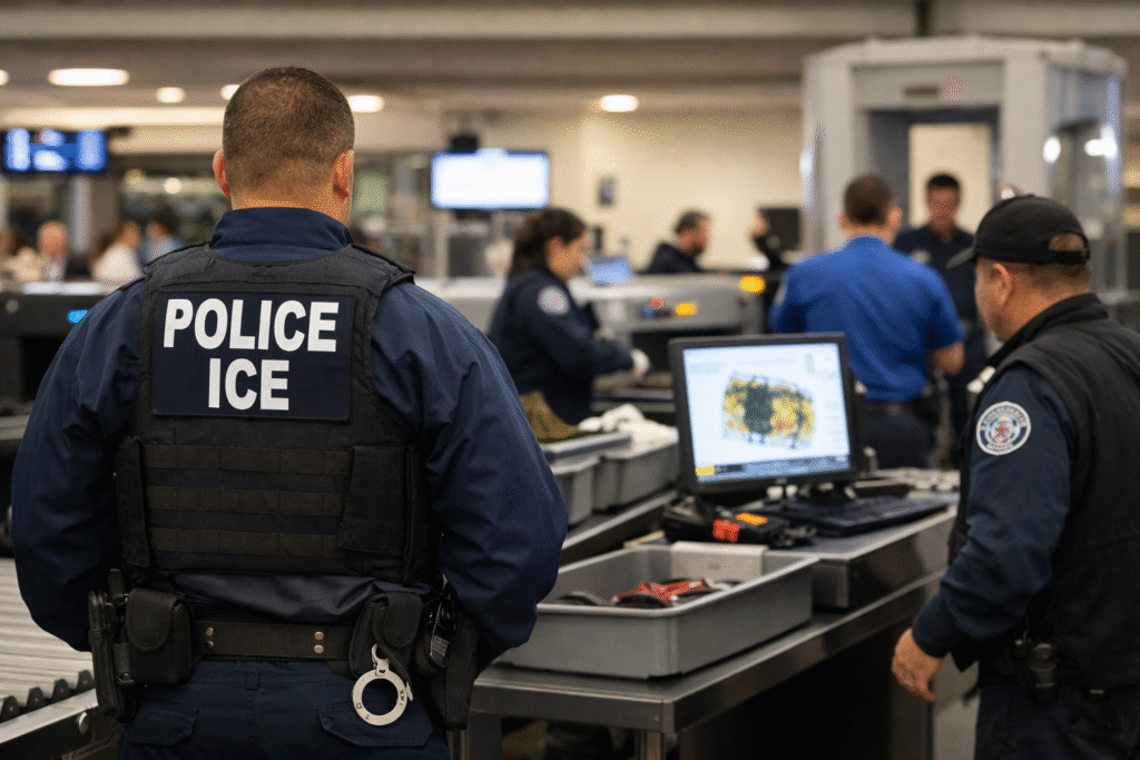 ICE agents and TSA officers working together at an airport security checkpoint with screening equipment visible in the background.