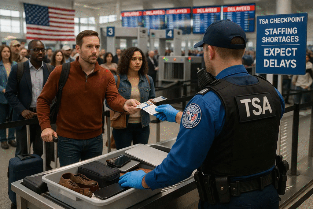 Busy airport security checkpoint with TSA officer checking passenger IDs as travelers queue with luggage bins and carry-on items.