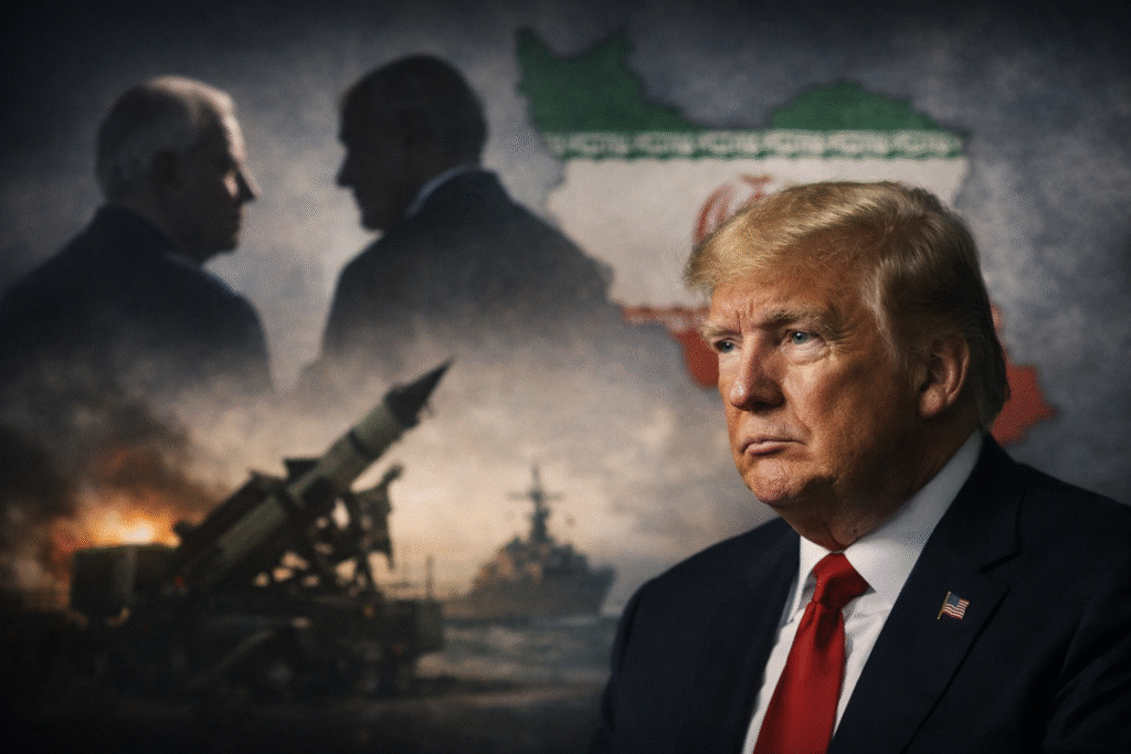 Donald Trump in foreground with blurred silhouettes of former presidents and a symbolic Iran backdrop, representing uncertainty over reported discussions about Iran policy.