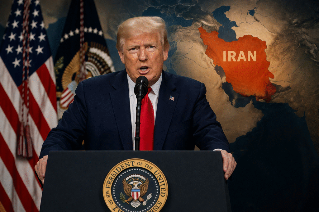A man in a dark suit and red tie stands at a podium delivering a speech, with U.S. flags behind him and a highlighted map of Iran displayed in the background.