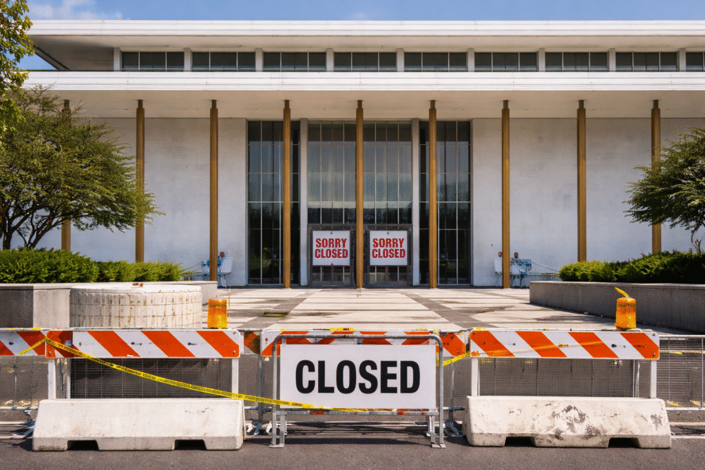 Exterior of the Kennedy Center in Washington with closed entrances and empty surroundings, symbolizing a long-term shutdown for renovation.