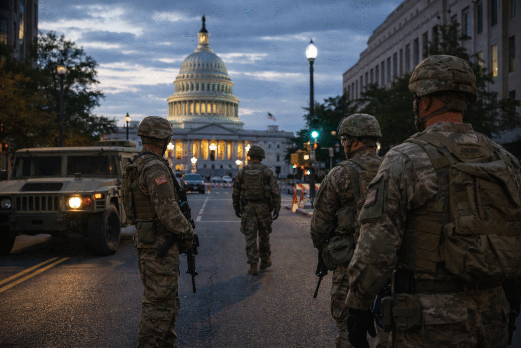 National Guard soldiers patrolling a Washington DC street near government buildings, symbolizing extended federal security presence in the capital.