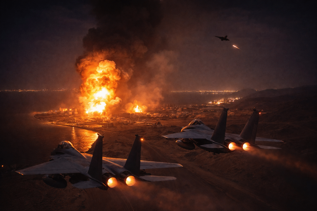U.S. military aircraft conducting a large airstrike over a Middle Eastern desert region during an operation against Iranian targets.