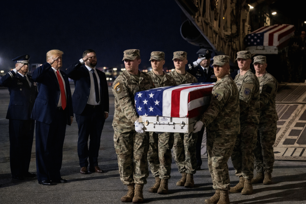 U.S. military honor guard carrying a flag-draped transfer case during a dignified transfer ceremony at Dover Air Force Base as officials salute the fallen service members.