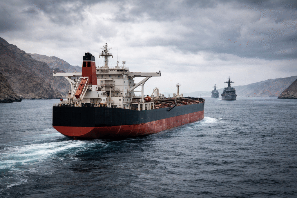 Oil tanker moving through a narrow sea passage with naval vessels in the distance, representing tensions over securing the Strait of Hormuz.