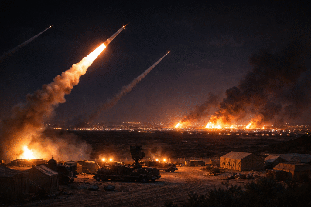 Missile launch at night from a desert military site with smoke trails and distant glow, representing ongoing conflict and escalation in the Iran war.