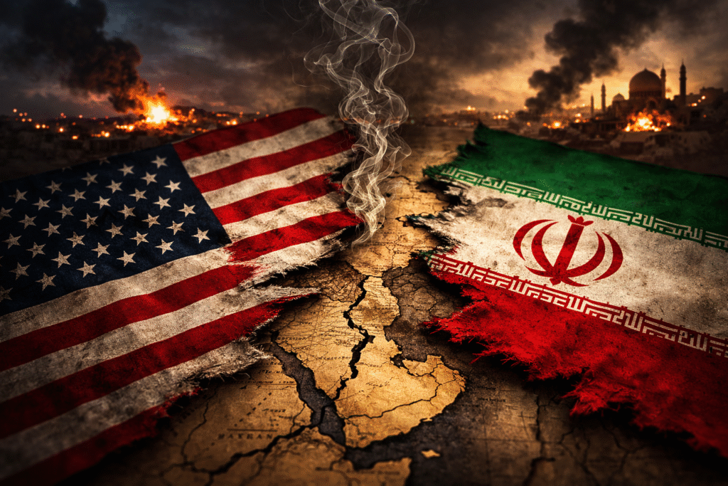 Torn United States and Iranian flags facing each other over a cracked Middle East map with smoke rising in the background, symbolizing escalating geopolitical tensions.