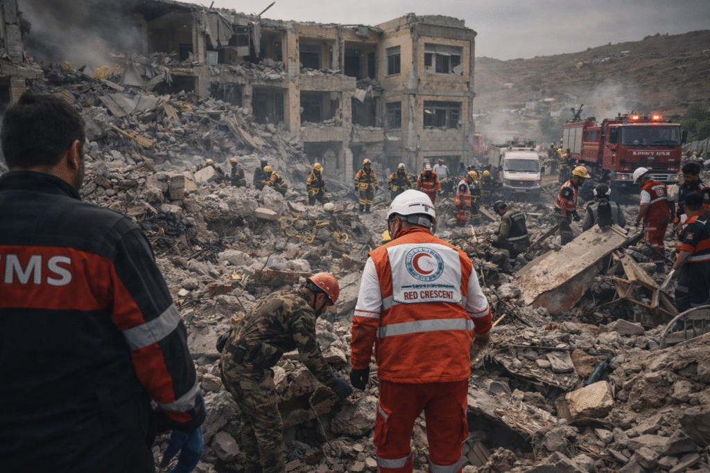 Emergency responders search through the rubble of a damaged school building following a missile strike in a conflict zone.
