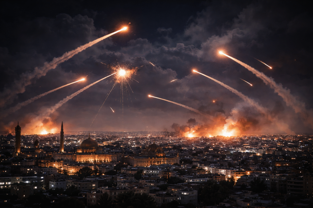 Night sky over a city with missile trails and air defense systems intercepting incoming rockets during an escalating conflict.