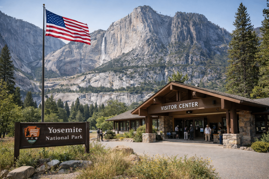 Entrance area of a U.S. national park with a visitor center building and an American flag against a scenic natural landscape.