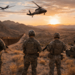 U.S. military patrol monitoring a desert border region with helicopters and surveillance aircraft during a security operation.