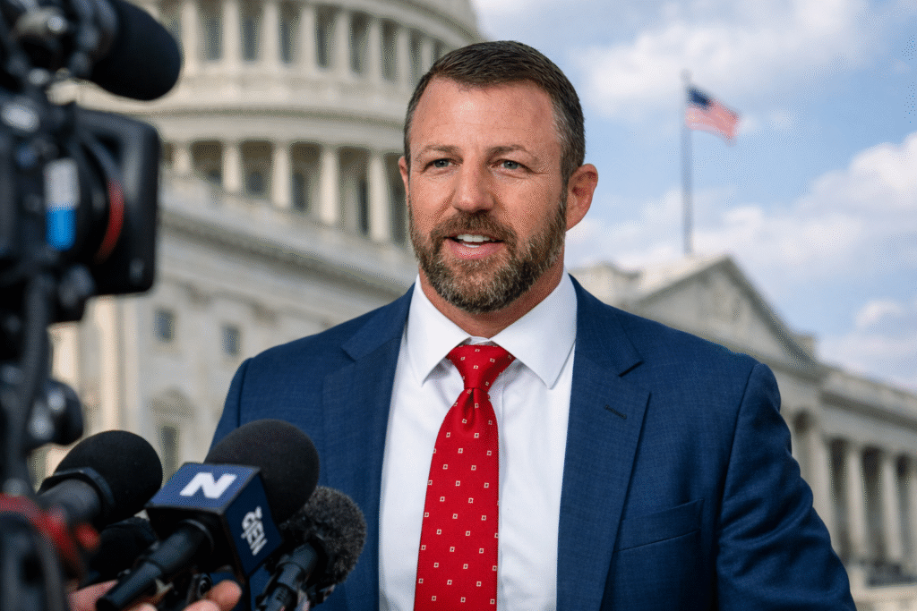 Senator Markwayne Mullin speaking to reporters outside the U.S. Capitol after being selected by President Trump as the new nominee for Secretary of Homeland Security.