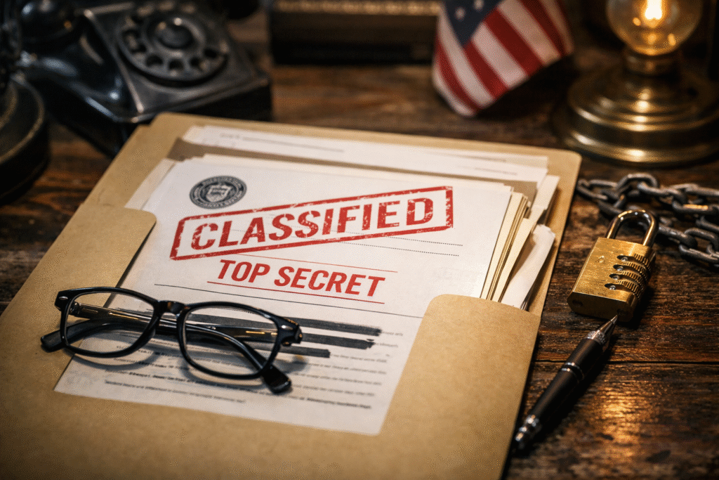 Top secret classified document folder on a desk with red stamped markings, symbolizing government secrecy and intelligence disclosure.