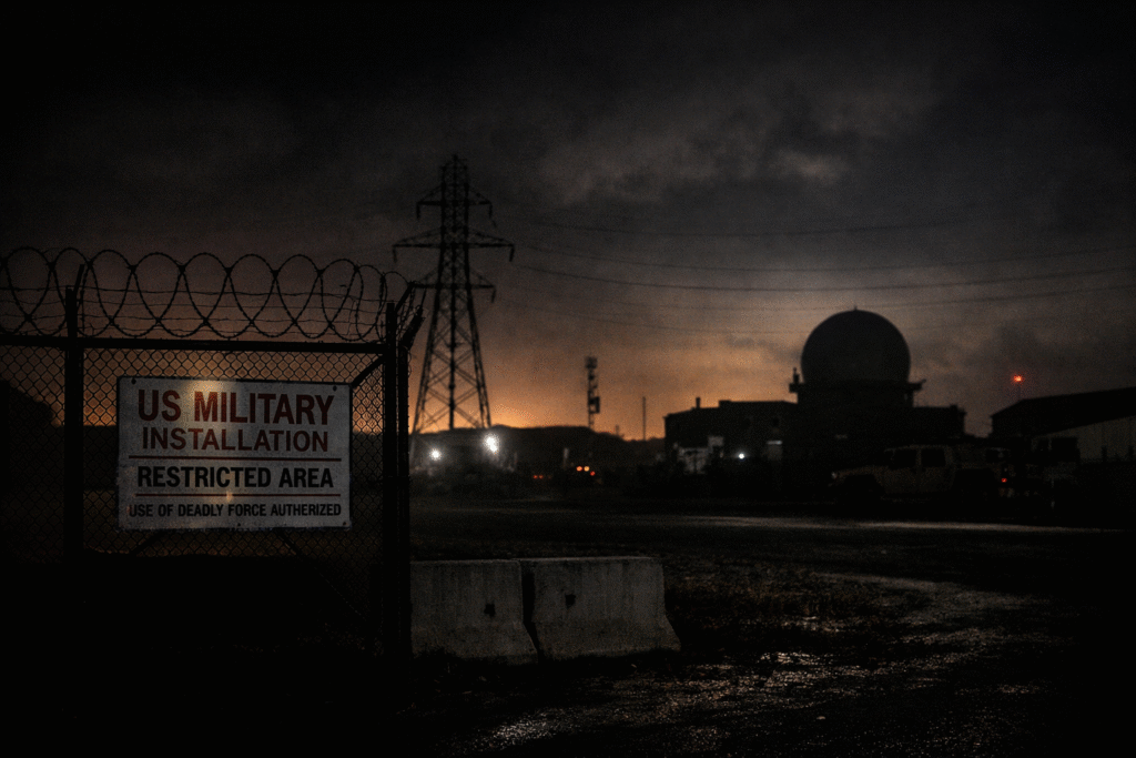 Darkened US military base at night with minimal lighting, perimeter fencing and infrastructure silhouettes suggesting a power outage scenario