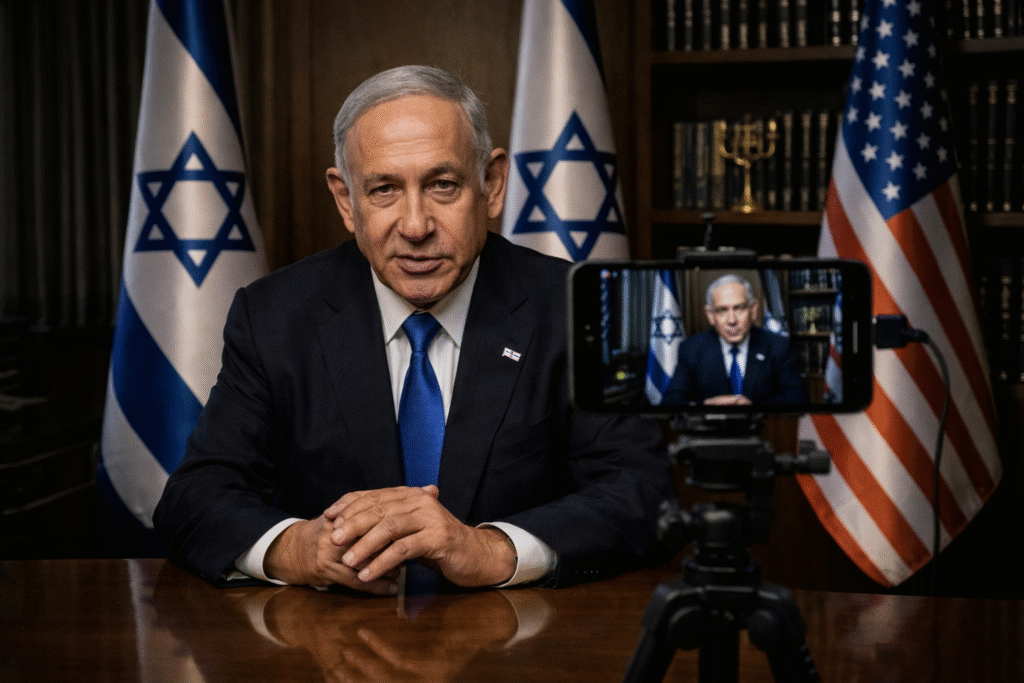 A government leader recording a video message indoors, symbolizing public reassurance amid rumors and misinformation.