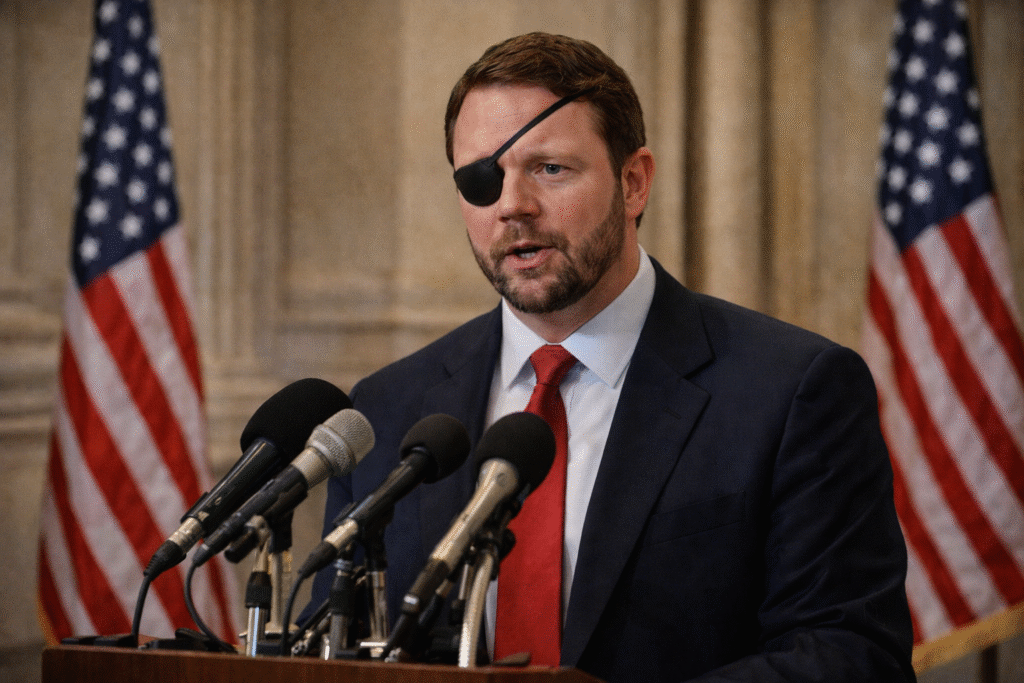 U.S. Representative Dan Crenshaw speaking at microphones during a political press conference.