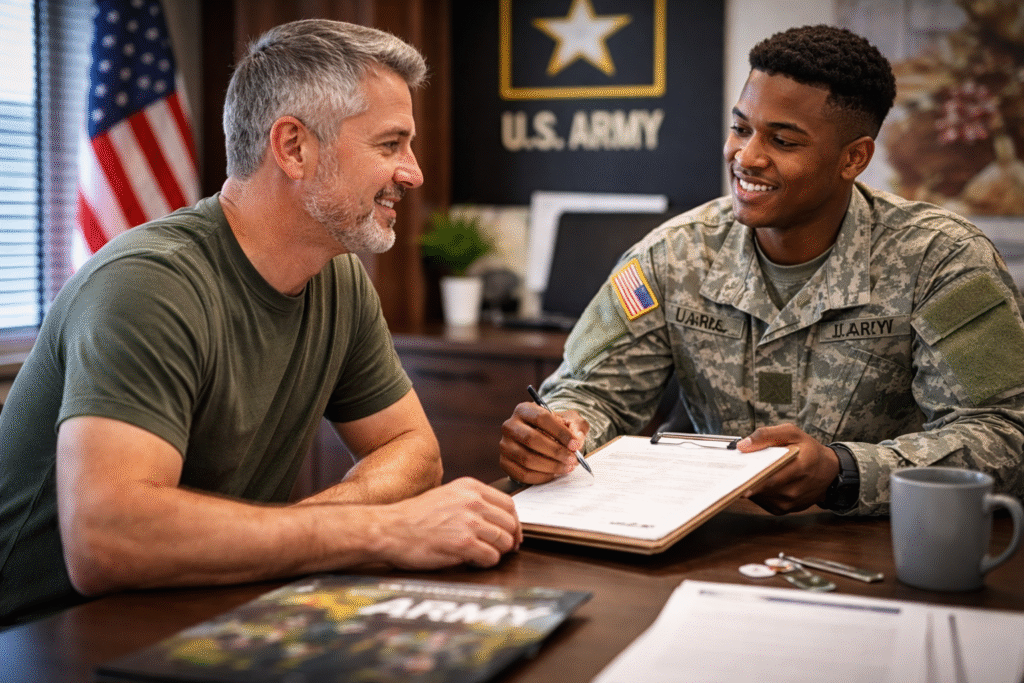 US Army recruitment scene with a mature adult applicant speaking to a recruiter, symbolizing expanded enlistment age eligibility.