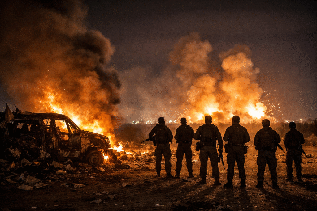 Nighttime airstrike aftermath in Iraq with burning vehicle, debris scattered across ground, and silhouettes of armed personnel observing explosions in the distance.