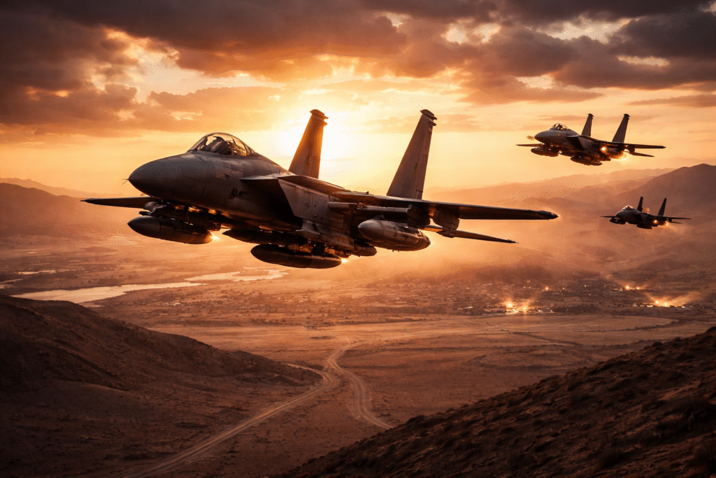 Military fighter jets flying over a desert landscape during a combat mission.