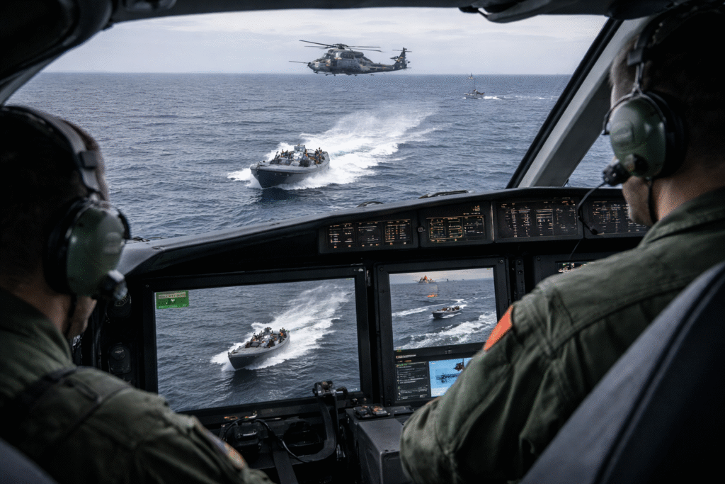 Military surveillance aircraft and patrol forces monitoring a small speedboat suspected of drug trafficking in the Eastern Pacific Ocean.