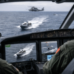 Military surveillance aircraft and patrol forces monitoring a small speedboat suspected of drug trafficking in the Eastern Pacific Ocean.
