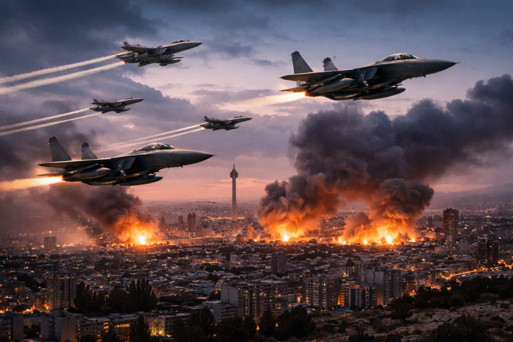 Photograph of military aircraft flying in formation with rising plumes of smoke in the distance over a city skyline, symbolizing joint U.S. and Israeli airstrikes on Iranian targets amid escalating conflict.