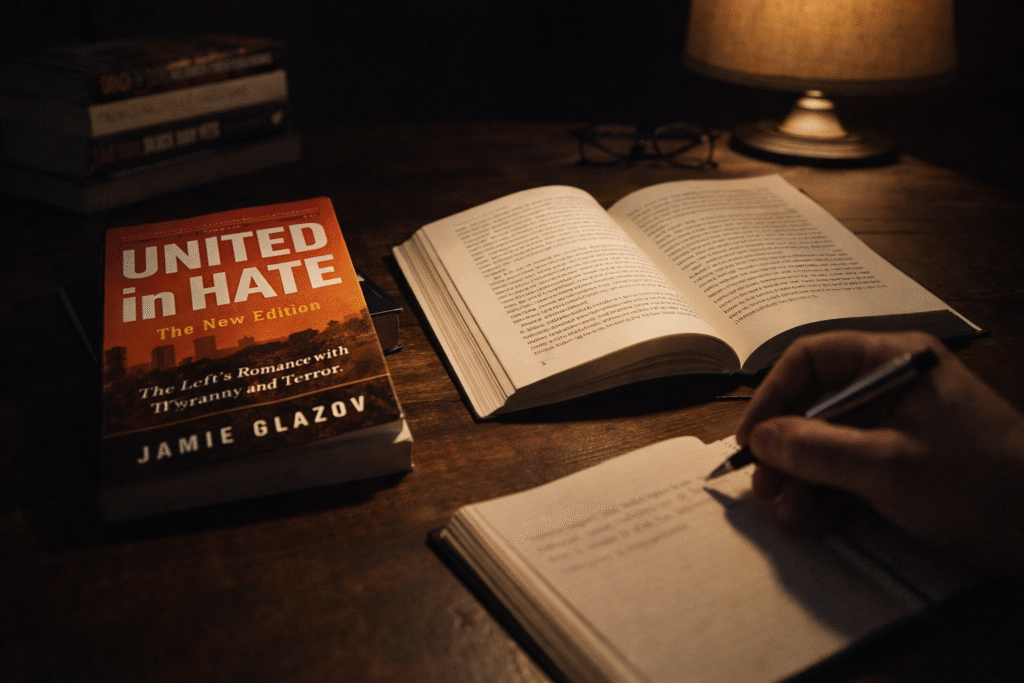 Open political nonfiction book on a desk under dim lighting, symbolizing discussion of ideology and global political alliances.
