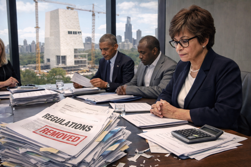 Realistic photograph representing the Obama Foundation and financial filings related to executive compensation and the construction of the Obama Presidential Center.