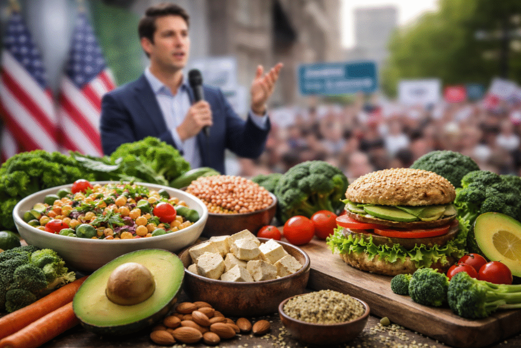 Plant-based foods including vegetables, tofu, lentils, and a veggie burger in the foreground, with a blurred political speech scene and crowd in the background.
