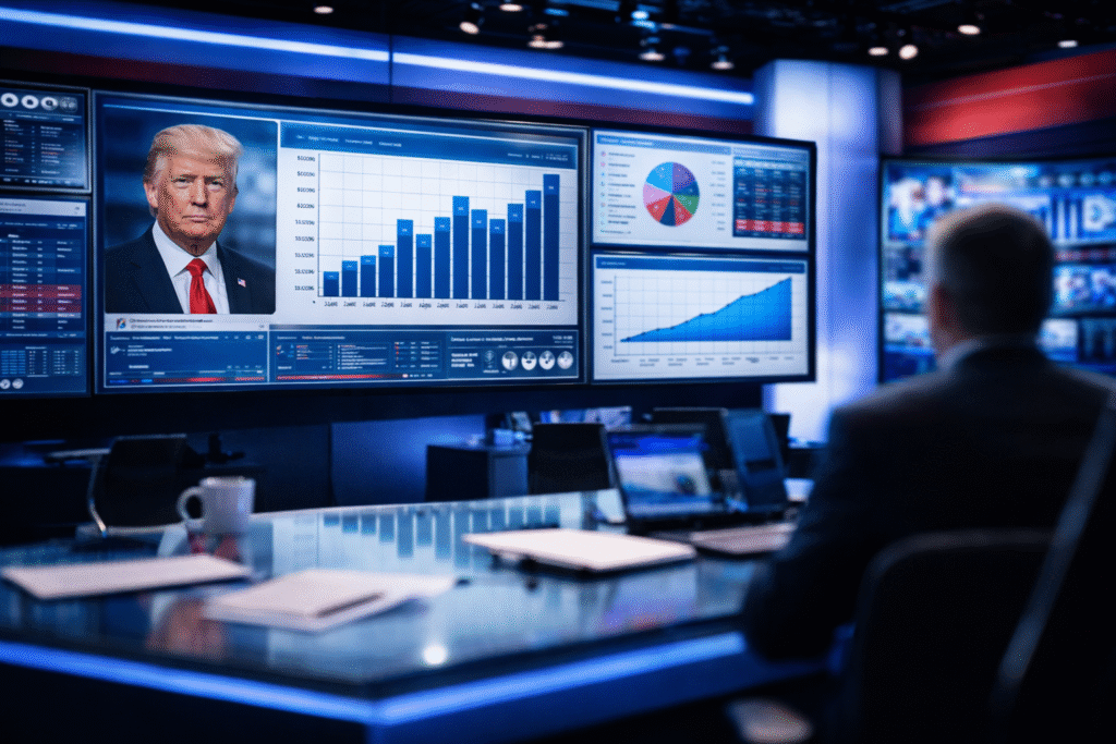 Modern television newsroom with screens displaying polling charts during a political analysis segment.