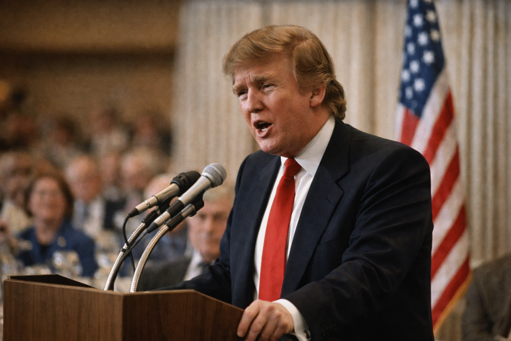 Donald Trump speaking at a podium during a public speech in the late 1980s.