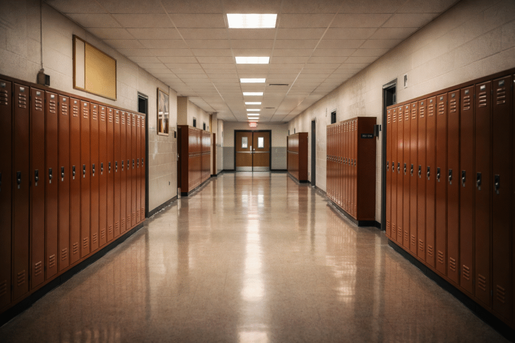 An empty school hallway with lockers and soft lighting, symbolizing the impact of legal disputes over vaccination policies on students and education systems.