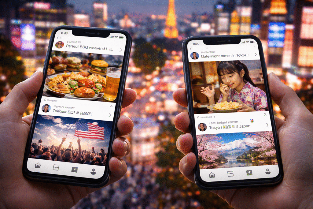Smartphone screens displaying social media feeds with mixed American and Japanese cultural content, symbolizing viral online interaction between users.