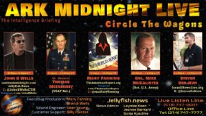 The image shows a promotional graphic for Ark Midnight Live, titled "Circle the Wagons: The Intelligence Briefing." It features host John B. Wells on the left, wearing sunglasses, and three guests: Lt. Gen. Thomas McInerney, Mary Fanning (represented by The American Report logo), and Col. Mike McAllister, as well as Steven Ben-Nun. Each guest’s time slot is listed