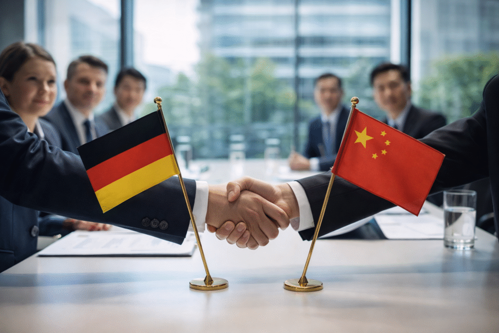 German and Chinese flags alongside a business setting, representing economic cooperation and shifting international trade relations.