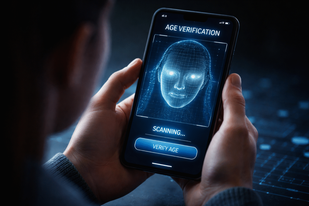 Close-up of a person using facial recognition on a smartphone, representing age verification technology and digital identity checks tied to AI systems.