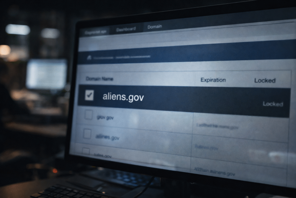 Computer screen showing a government domain registration interface with a focus on a newly registered aliens.gov domain.