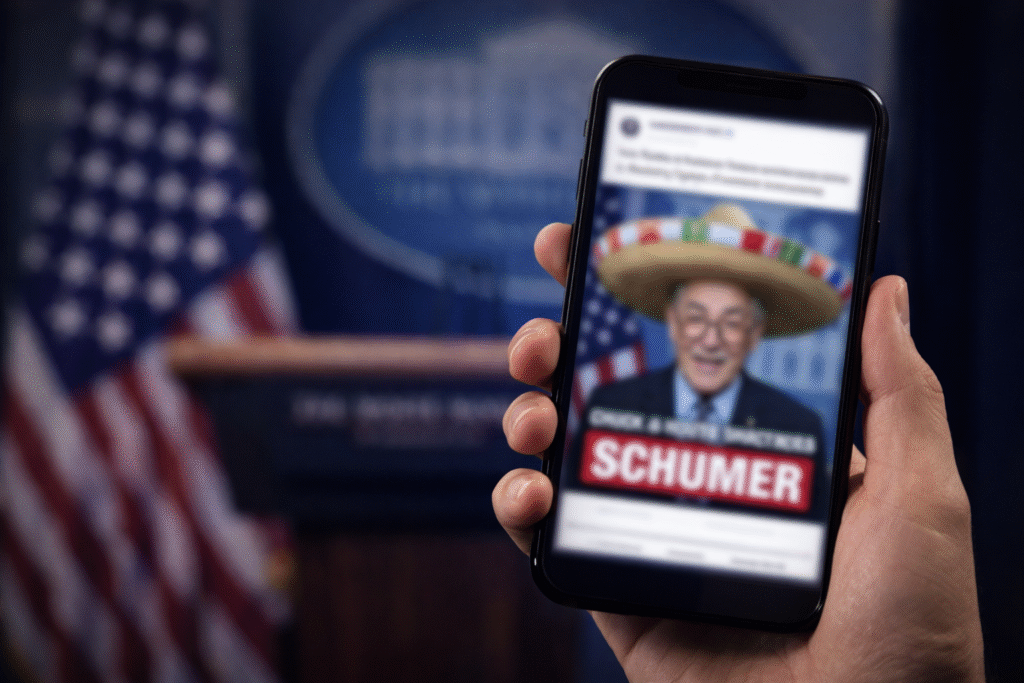 Smartphone displaying a blurred political meme against a backdrop of an American flag, symbolizing viral political satire and online messaging.