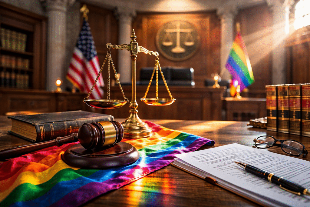 Courtroom interior with scales of justice and subtle rainbow light reflection symbolizing debate over LGBTQ legal protections.