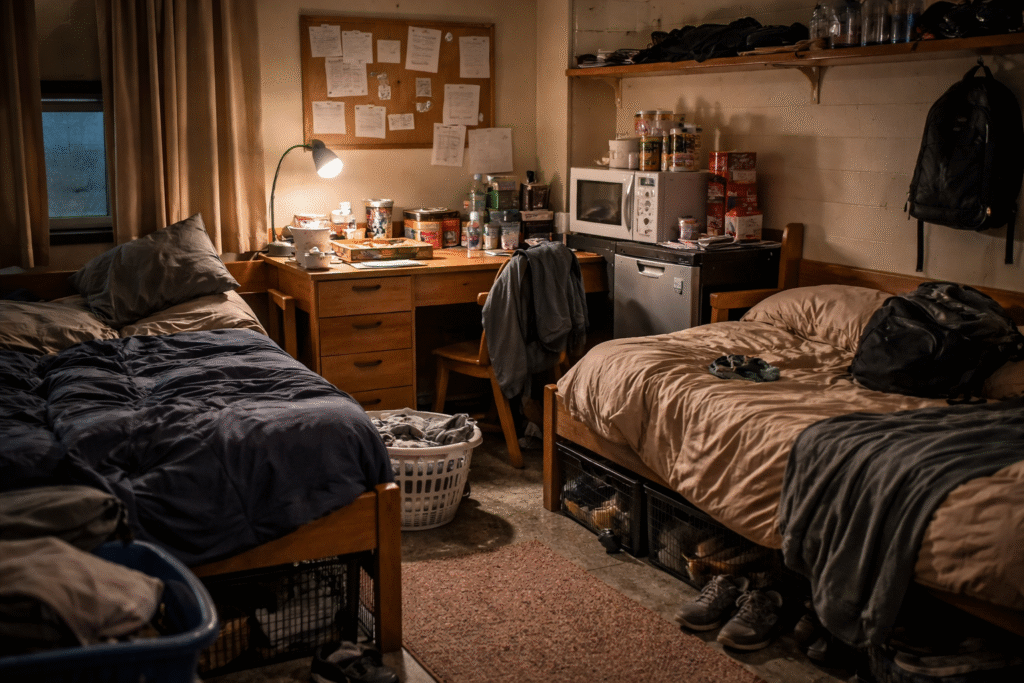 Small, crowded college dorm room with worn furniture and limited space, symbolizing concerns over high costs and poor living conditions.