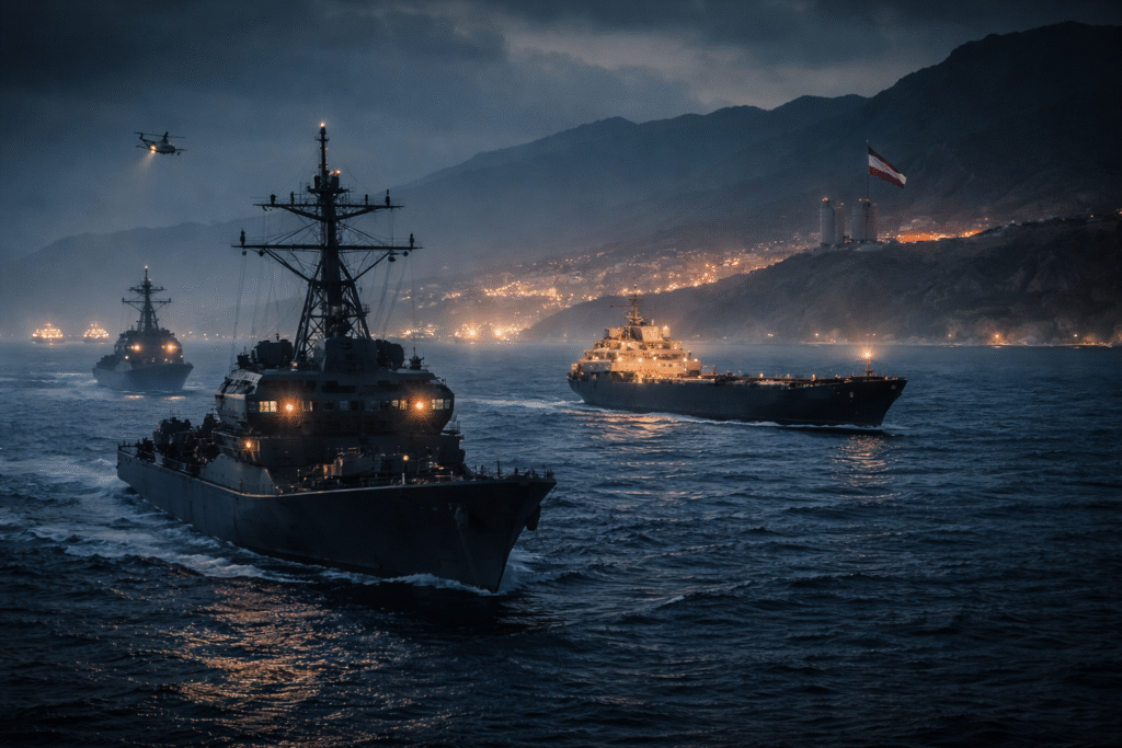 U.S. naval vessels operating near the Strait of Hormuz during heightened tensions with Iran.