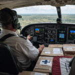 Missionary pilot flying a small humanitarian aid aircraft over rural Africa while delivering medical supplies to remote communities.