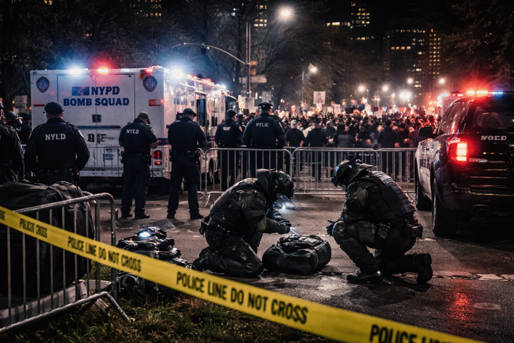New York police officers and bomb squad units securing a protest scene after suspected explosive devices were thrown during a demonstration near the mayor’s residence.
