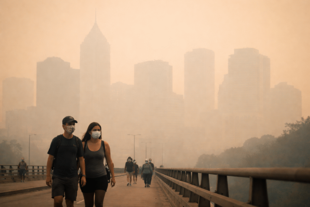 People wearing face masks walk across a bridge in a city blanketed by thick wildfire smoke, with skyscrapers barely visible through heavy orange-gray haze.